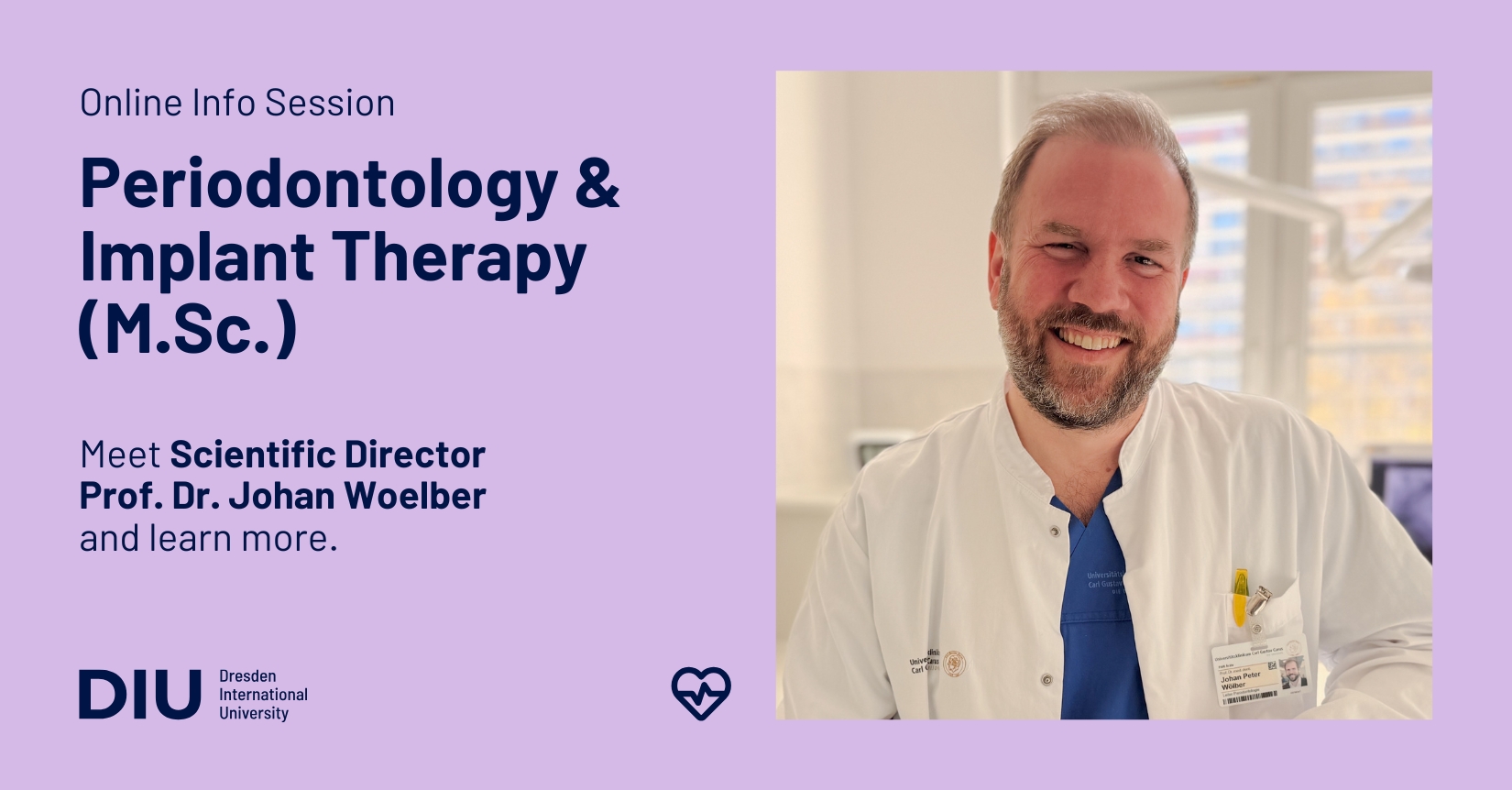 Banner about online info session on periodontology and implant therapy featuring a smiling man in a white lab coat