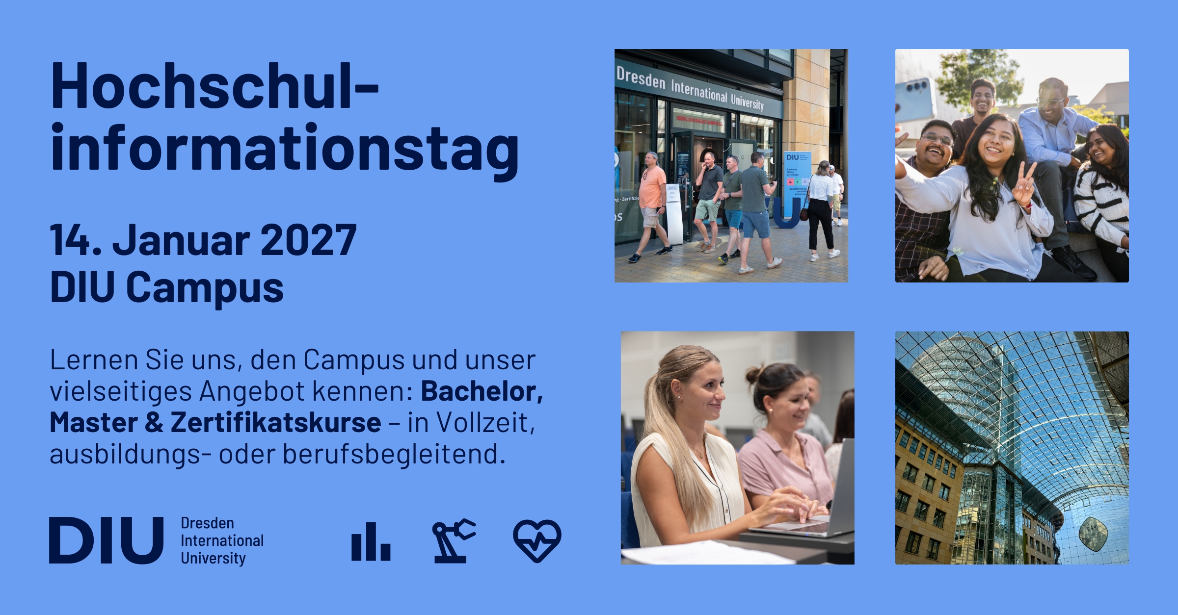 Banner zum Hochschulinformationstag am 14. Januar 2027 am DIU Campus, vier Fotos zeigen Menschen vor dem Eingang der Dresden International University, eine Gruppe junger Menschen, zwei Frauen am Laptop und ein modernes Glasgebäude.