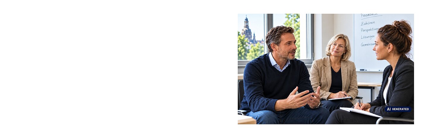 Führungskraft und Personalentwickler im Entwicklungsgespräch mit einer Mitarbeitenden.