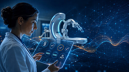 Woman in white coat in front of medical device with transparent display and digital symbols