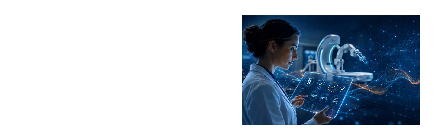 A female scientist in a lab coat interacts with a digital display against a background of medical technology devices and digital network structures.