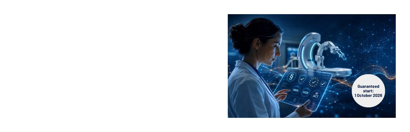 A female scientist in a lab coat interacts with a digital display against a background of medical technology devices and digital network structures.