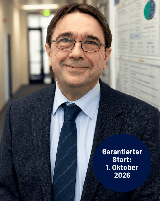 Mann mit Brille, dunklem Anzug und Krawatte lächelt vor einem Büroflur mit Informationsplakaten